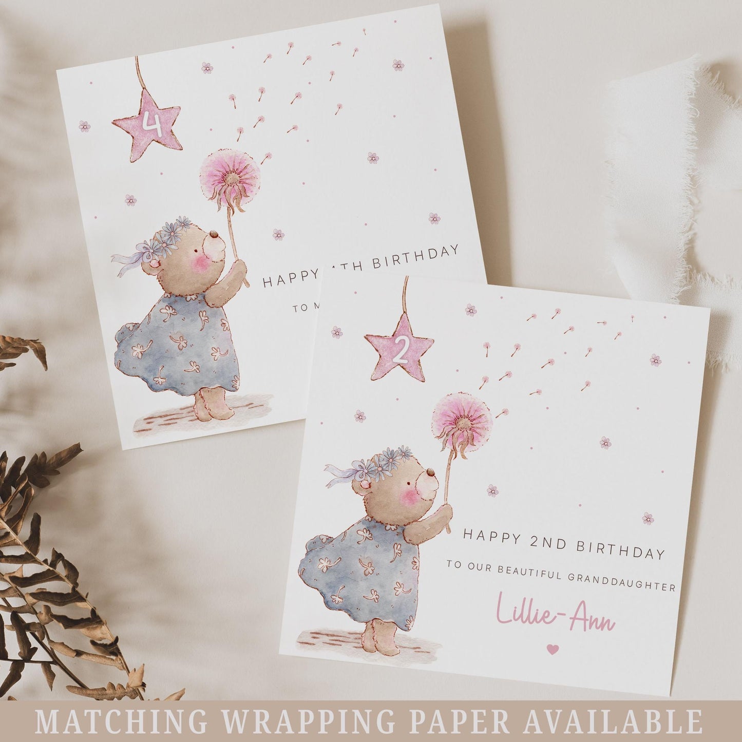 Birthday Card for Girls, Personalised 2nd Birthday Card, 3rd, 4th Any Age Birthday Card for Daughter, Granddaughter, Niece, Cute Teddy Bear