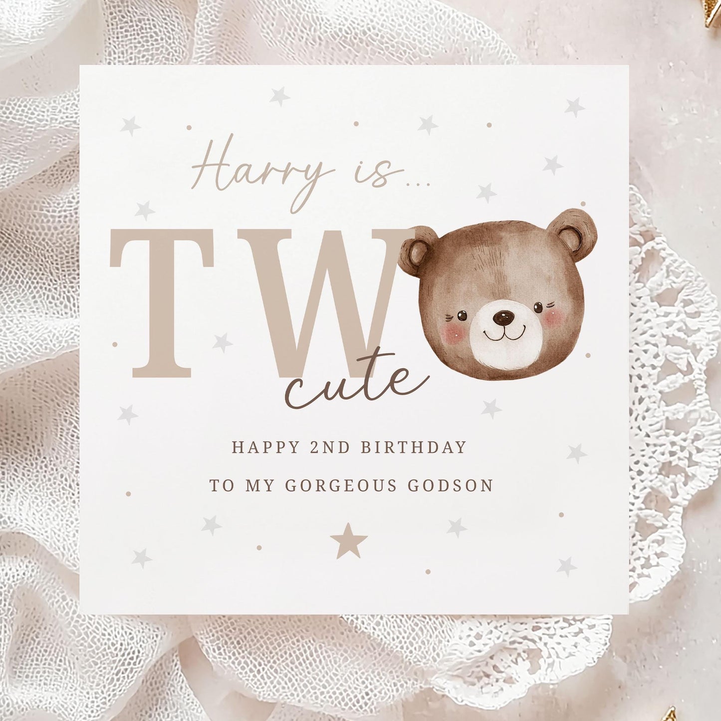 Second Birthday Gift Wrapping Paper, Personalised 2nd Birthday Gift Wrap & Card for Son, Grandson, Nephew, Godson, Boys, Teddy Bear Two Cute