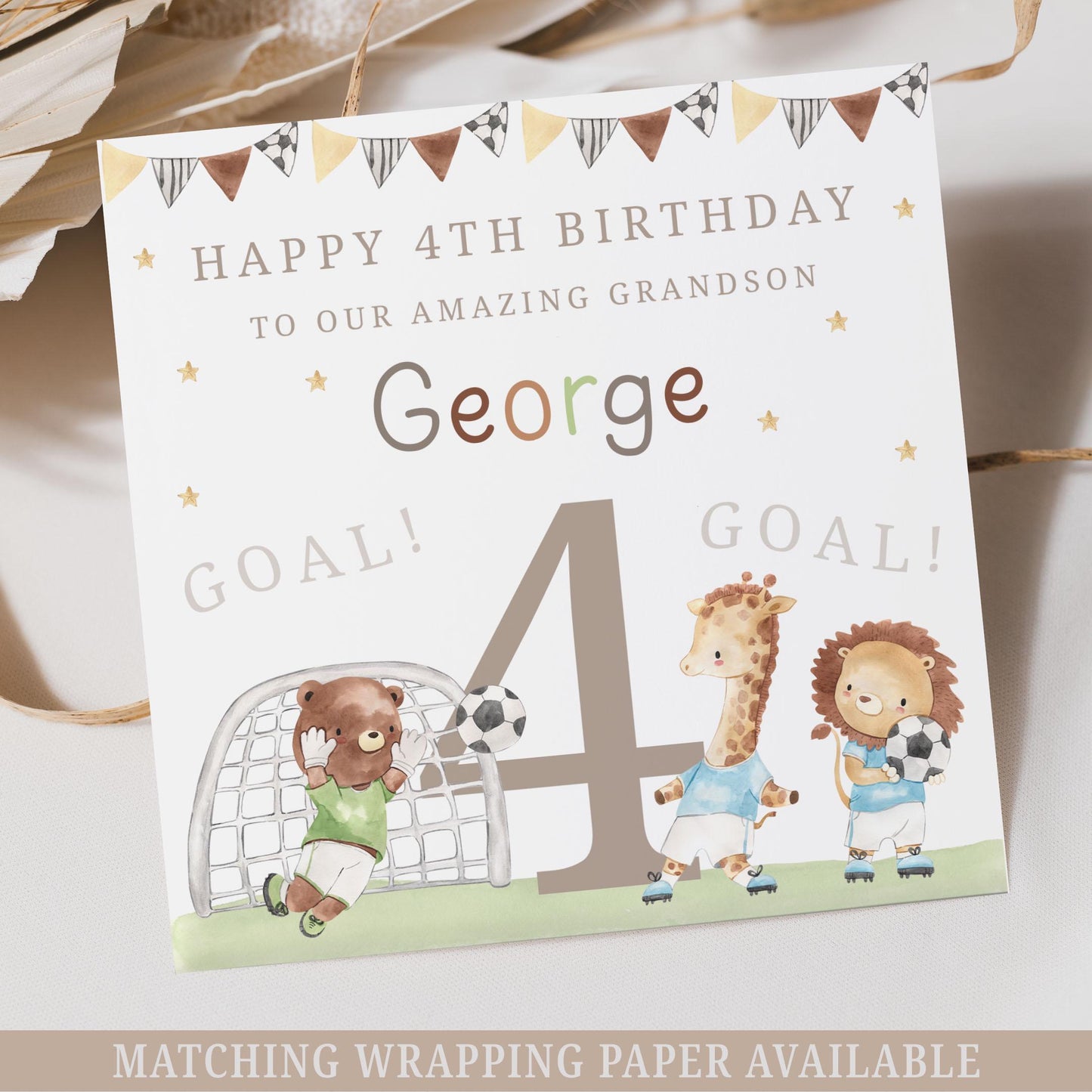 Boy's Football Birthday Card, Personalised 2nd Birthday Card, 3rd, 4th Any Age Birthday Card for Son, Grandson, Nephew, Boys, Lion, Giraffe