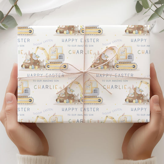 Easter Gift Wrapping Paper, Personalised Digger Easter Gift Wrap for Son, Grandson, Great Grandson, Nephew, Diggin' Easter Gift Wrap & Card