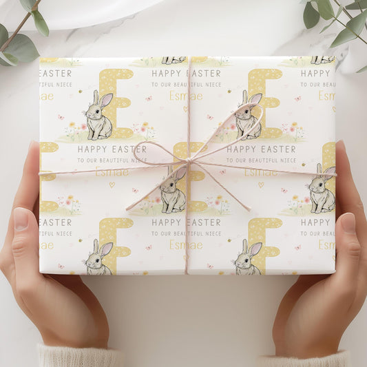 Easter Gift Wrapping Paper for Girls, Personalised Easter Rabbit Gift Wrap for Daughter, Granddaughter, Niece, Happy Easter Bunny Gift Wrap