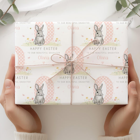 Easter Gift Wrapping Paper for Girls, Personalised Easter Rabbit Gift Wrap for Daughter, Granddaughter, Niece, Happy Easter Bunny Gift Wrap