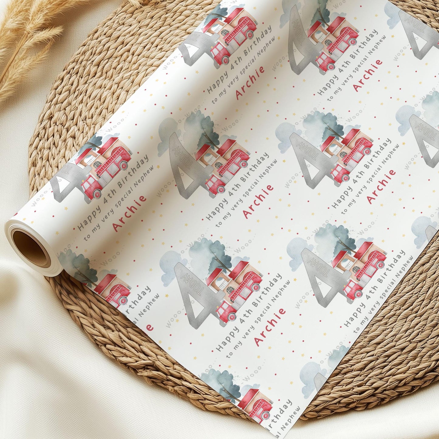 Fire Engine Birthday Gift Wrapping Paper, Personalised 2nd, 3rd, 4th Any Age Fire Engine Birthday Gift Wrap & Card for Son, Grandson, Nephew