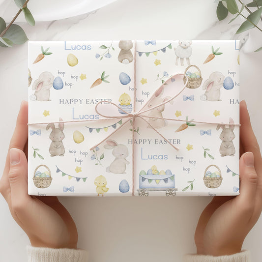 Boy's Easter Gift Wrapping Paper, Personalised Easter Gift Wrap for Son, Grandson, Great Grandson, Nephew, Happy Easter Cute Bunny Gift Wrap