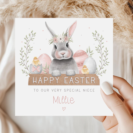 Girl's Easter Card, Personalised Happy Easter Card for Daughter, Granddaughter, Great Granddaughter, Niece, Goddaughter, Easter Bunny Card