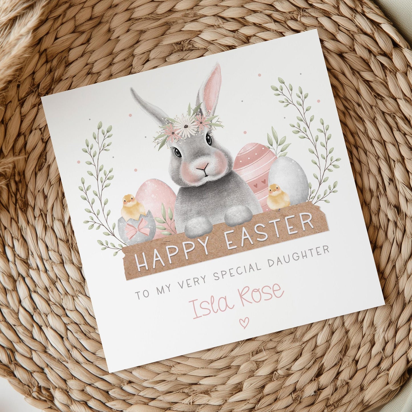 Girl's Easter Card, Personalised Happy Easter Card for Daughter, Granddaughter, Great Granddaughter, Niece, Goddaughter, Easter Bunny Card