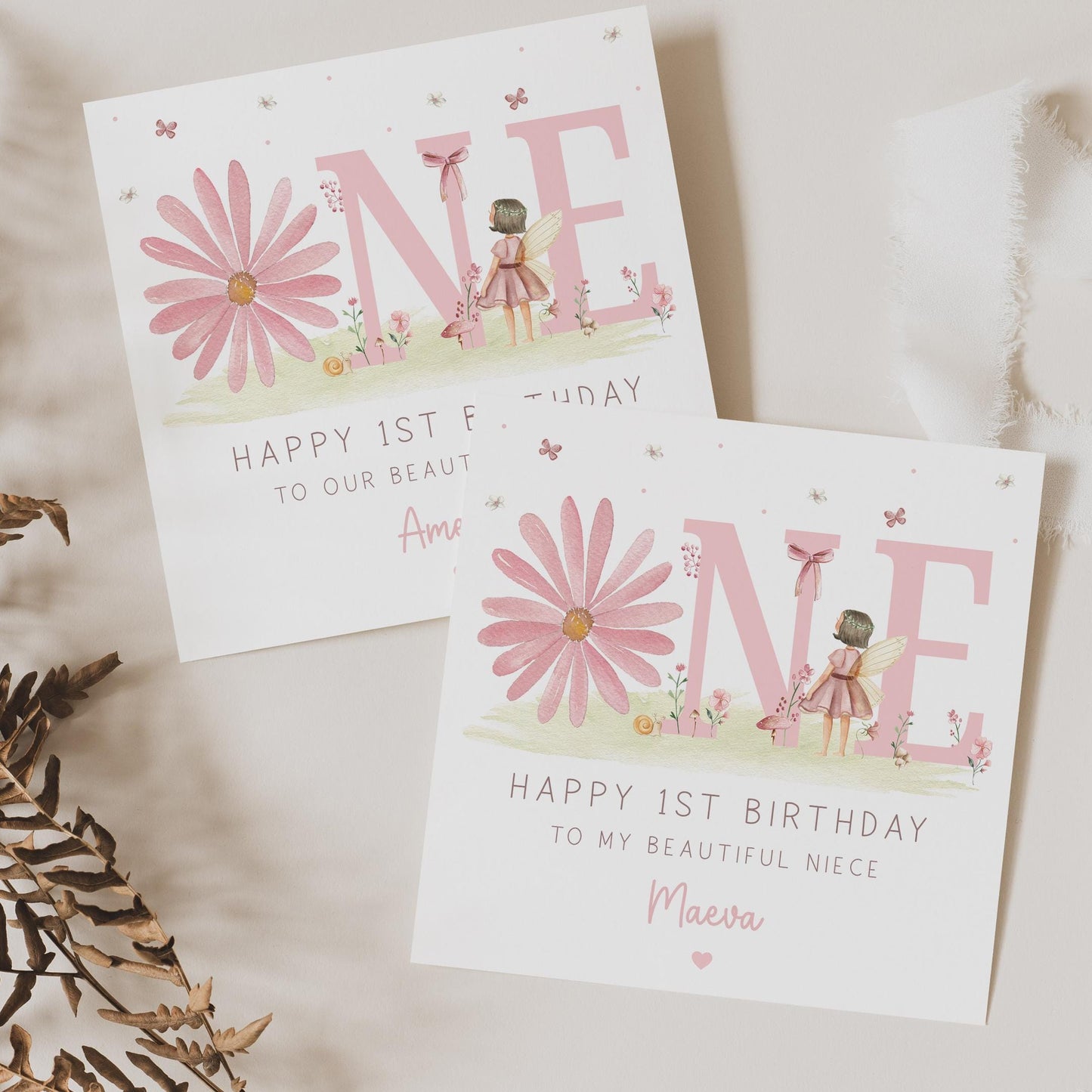 Personalised 1st Birthday Card, Pink Daisy First Birthday Card for Daughter, Granddaughter, Great Granddaughter, Sister, Niece, Little Girl