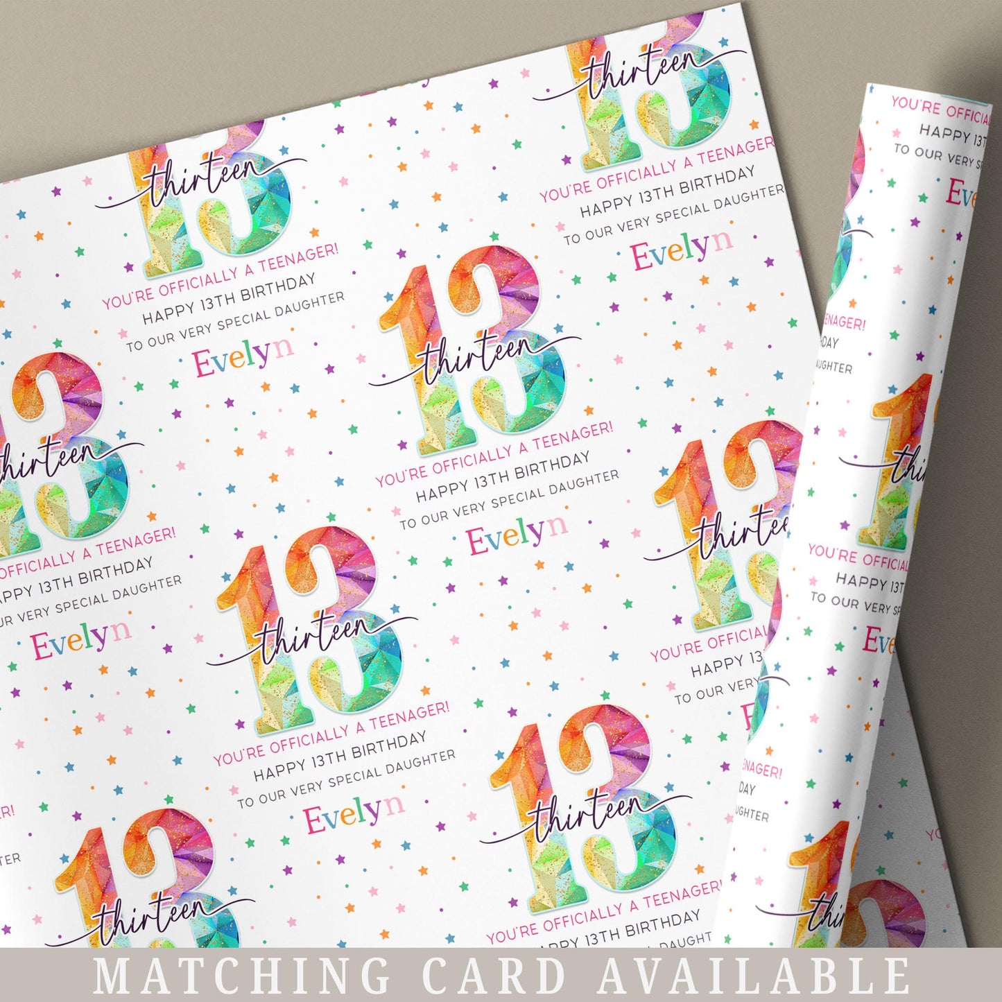 13th Birthday Gift Wrapping Paper for Her, Personalised Happy 13th Birthday Gift Wrap for Daughter, Granddaughter, Niece, Sister, Teenager