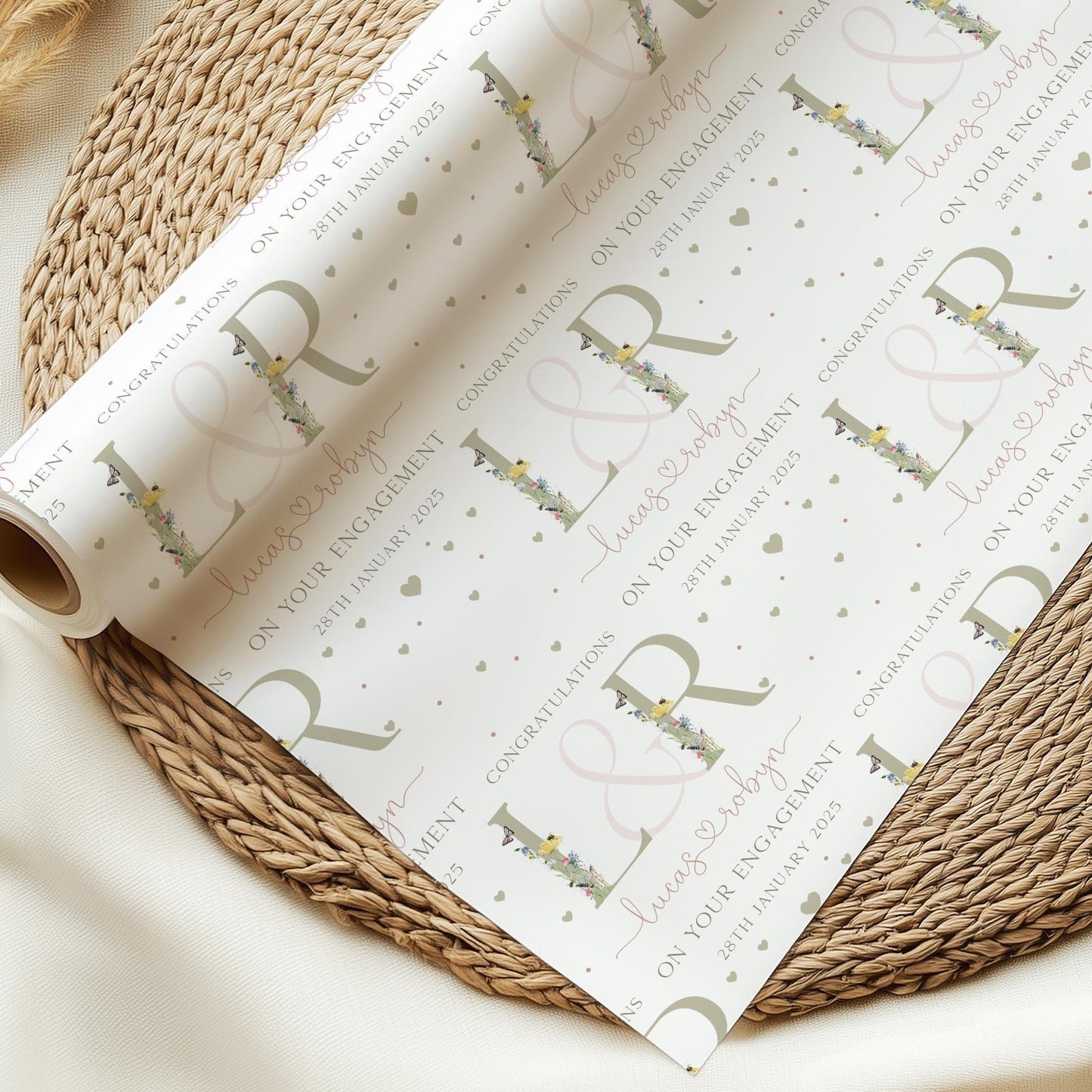 Engagement Gift Wrapping Paper Personalised with Names & Date, Congratulations on your Engagement Gift Wrap, Engagement Party Gift Wrap