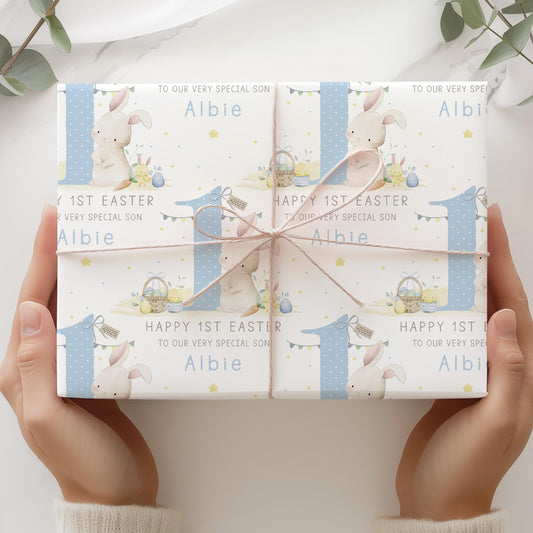 Boy's 1st Easter Gift Wrapping Paper, Personalised for Son, Grandson, Nephew, Boys, Happy First Easter Gift Wrap, Cute Easter Bunny Paper