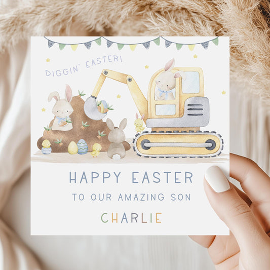 Personalised Digger Easter Card, Personalised Happy Easter Card for Son, Grandson, Great Grandson, Nephew, for Boys, Diggin' Easter Card