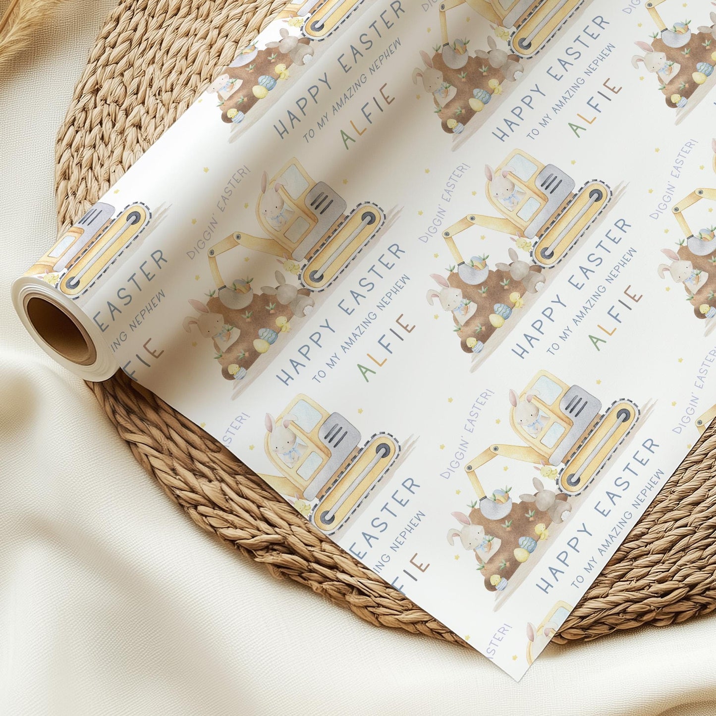 Easter Gift Wrapping Paper, Personalised Digger Easter Gift Wrap for Son, Grandson, Great Grandson, Nephew, Diggin' Easter Gift Wrap & Card