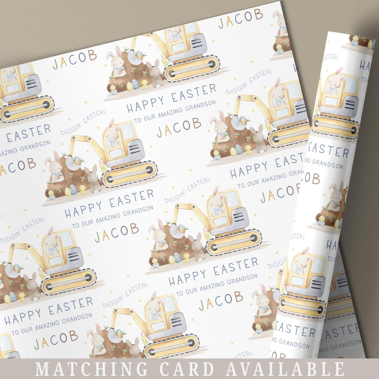 Easter Gift Wrapping Paper, Personalised Digger Easter Gift Wrap for Son, Grandson, Great Grandson, Nephew, Diggin' Easter Gift Wrap & Card
