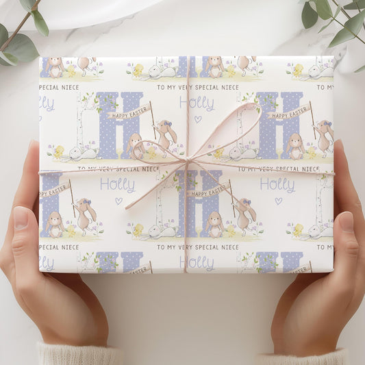 Easter Gift Wrapping Paper for Girls, Personalised Easter Gift Wrap for Daughter, Granddaughter, Niece, Happy Easter Cute Bunnies Gift Wrap