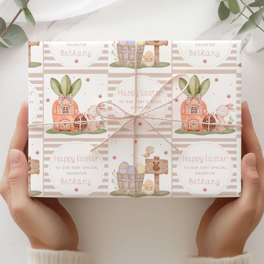 Girl's Easter Gift Wrapping Paper, Personalised Easter Gift Wrap for Daughter, Granddaughter, Niece, Happy Easter Gift Wrap, Cute Bunny Wrap