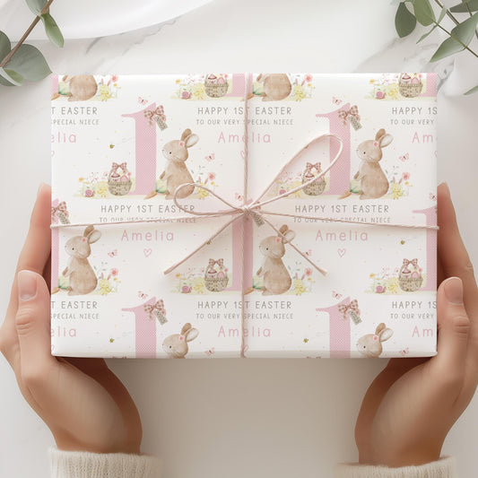 Girl's 1st Easter Gift Wrapping Paper, Personalised for Daughter, Granddaughter, Niece, Girls, Happy First Easter Gift Wrap, Cute Bunny Wrap