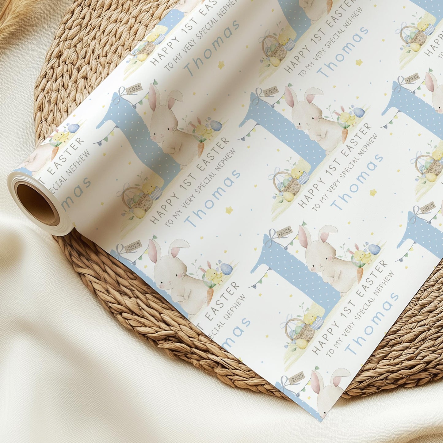 Boy's 1st Easter Gift Wrapping Paper, Personalised for Son, Grandson, Nephew, Boys, Happy First Easter Gift Wrap, Cute Easter Bunny Paper
