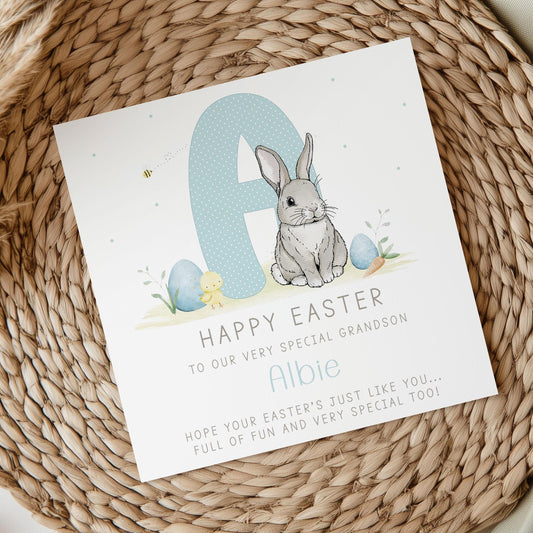 Boy's Easter Card, Personalised Happy Easter Card for Son, Grandson, Great Grandson, Nephew, for Boys, Easter Bunny Card and Gift Wrap