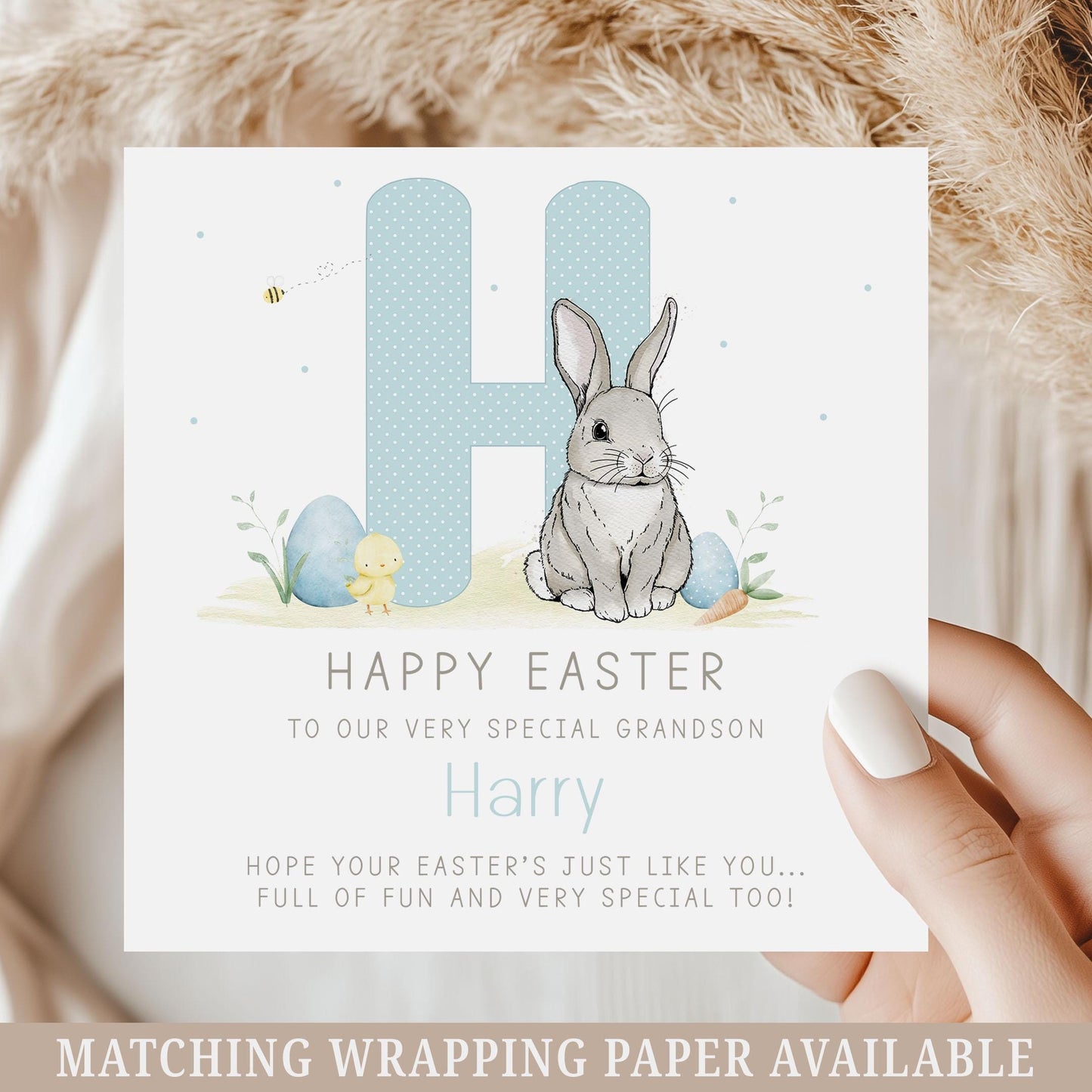 Boy's Easter Card, Personalised Happy Easter Card for Son, Grandson, Great Grandson, Nephew, for Boys, Easter Bunny Card and Gift Wrap