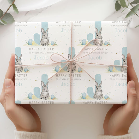 Boy's Easter Gift Wrapping Paper, Personalised Easter Gift Wrap for Son, Grandson, Great Grandson, Nephew, Happy Easter Cute Bunny Gift Wrap