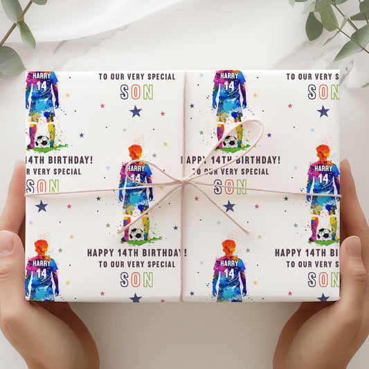 Football Birthday Gift Wrapping Paper, Personalised Any Age Soccer Birthday Gift Wrap & Card for Son, Grandson, Great Grandson, Nephew, Boys