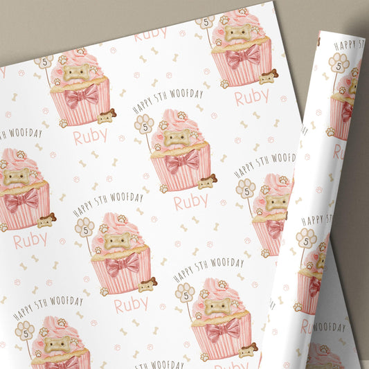 Dog Birthday Gift Wrapping Paper, Personalised Happy Woofday Gift Wrap for the Dog, Pink or Blue Pupcake Pet Birthday Gift Wrap for Any Age