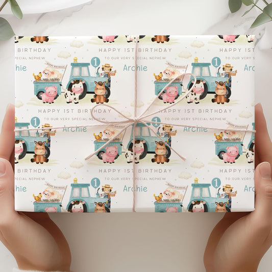 Blue Tractor Birthday Gift Wrapping Paper, Personalised 1st, 2nd, 3rd, 4th Any Age Farm Animals Birthday Gift Wrap for Son, Grandson, Nephew