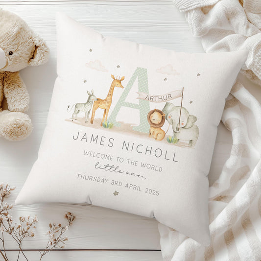 Personalised New Baby Cushion, New Baby Boy Gift, Welcome Baby Boy Gift, Safari Nursery Decor, Baby Boy Nursery Pillow, Safari Animals
