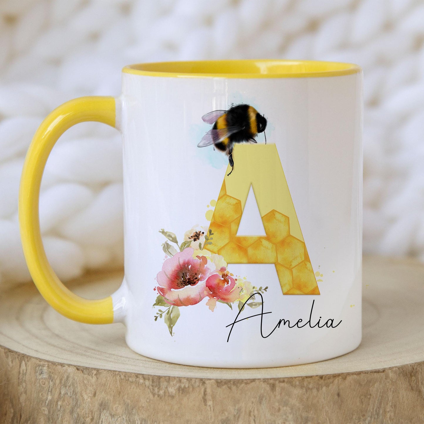 Personalised Bee Initial Mug, Tea Coffee Bee Mug Gift, Choice of Mug Colours, Bee Alphabet Mug, Gift for Bee Keeper, for Friend, for Teacher