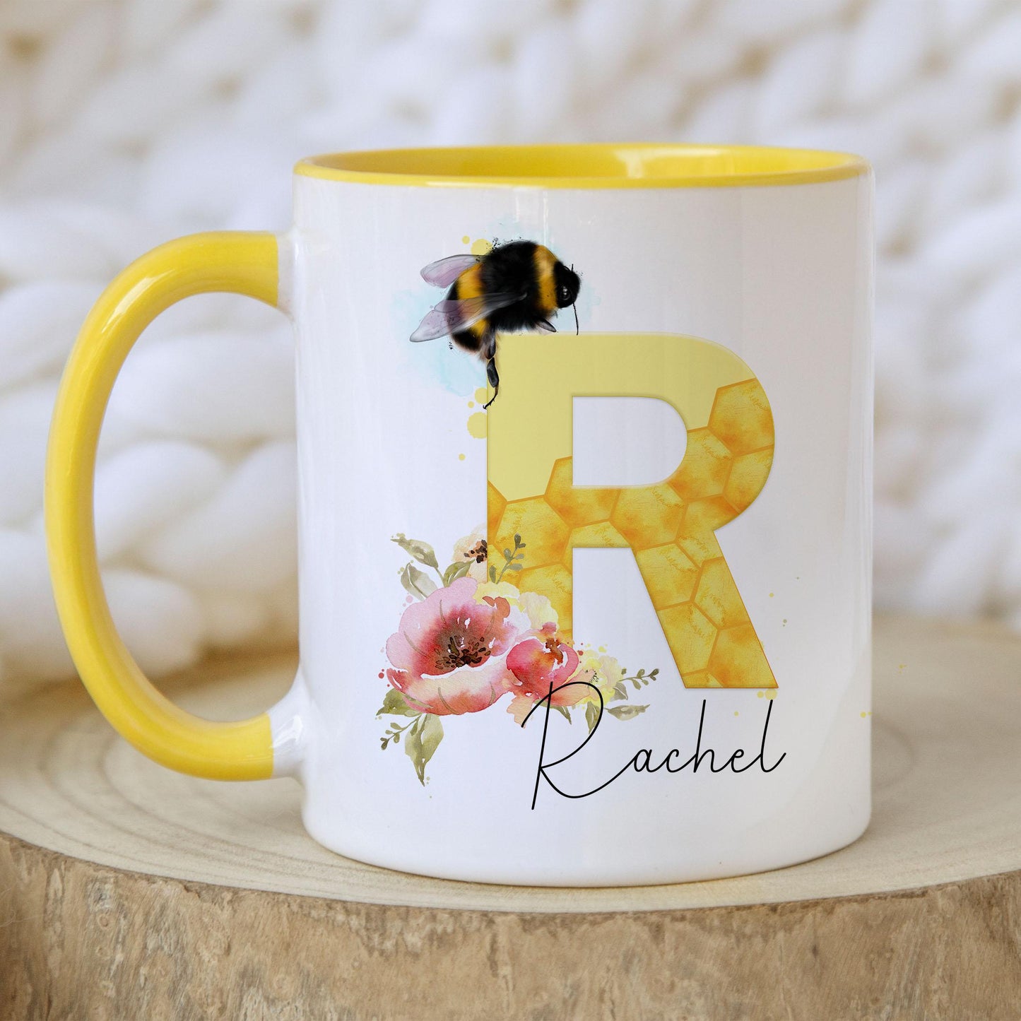 Personalised Bee Initial Mug, Tea Coffee Bee Mug Gift, Choice of Mug Colours, Bee Alphabet Mug, Gift for Bee Keeper, for Friend, for Teacher