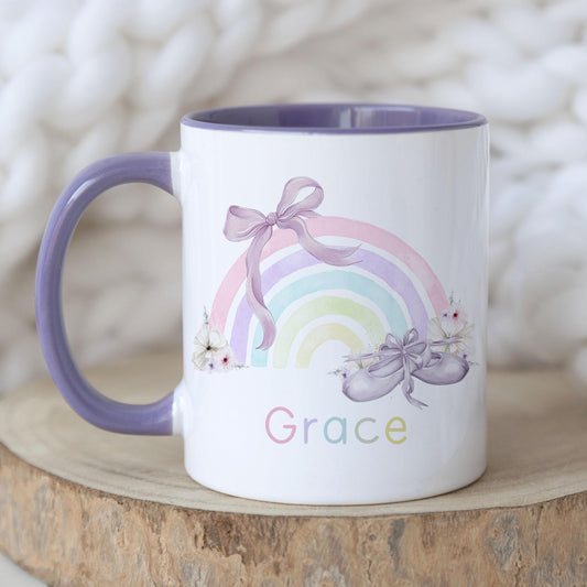 Personalised Ballet Mug, Gift for Ballerina, Pink or Purple Ballet Shoes & Rainbow Mug, Gift for Girls, Birthday Gift, Stocking Filler