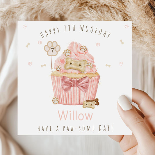 Dog Birthday Card, Personalised Happy Woofday Card for Any Age, Pink or Blue Pupcake Card, 1st Birthday Card for Dogs, Dog Birthday Gift