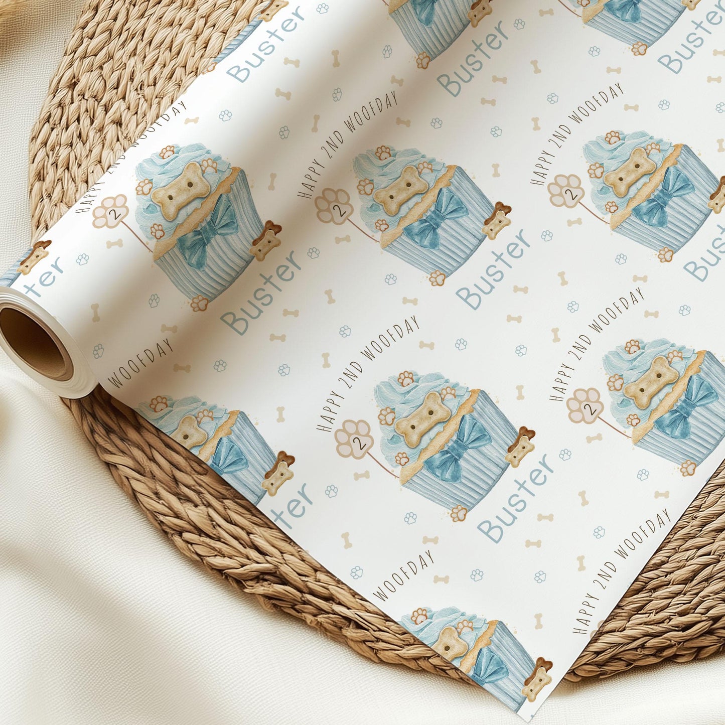 Dog Birthday Gift Wrapping Paper, Personalised Happy Woofday Gift Wrap for the Dog, Pink or Blue Pupcake Pet Birthday Gift Wrap for Any Age