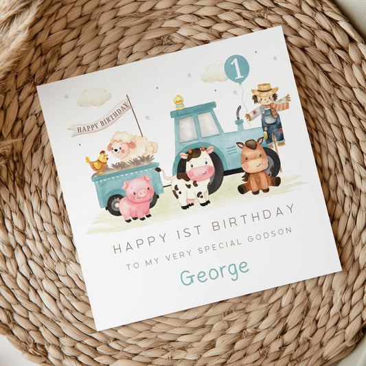 Blue Tractor Birthday Card, Personalised Farm Animals 1st, 2nd, 3rd, 4th Any Age Birthday Card for Son, Grandson, Nephew, Brother, Boys