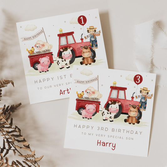 Personalised 1st Birthday Card, Red Tractor Farm Animals 2nd, 3rd, 4th Any Age Birthday Card for Son, Grandson, Nephew, Brother, Boys Girls