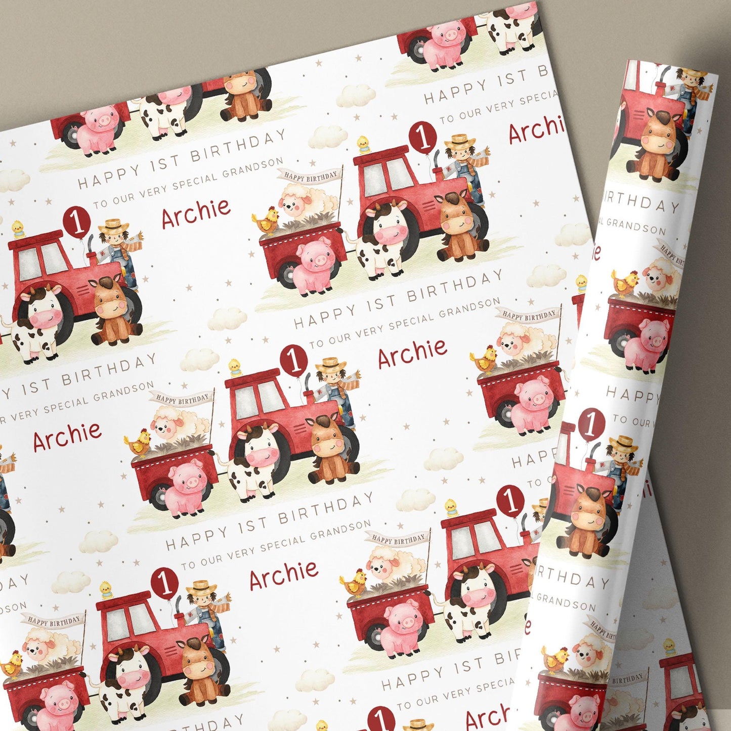 Personalised 1st Birthday Card, Red Tractor Farm Animals 2nd, 3rd, 4th Any Age Birthday Card for Son, Grandson, Nephew, Brother, Boys Girls