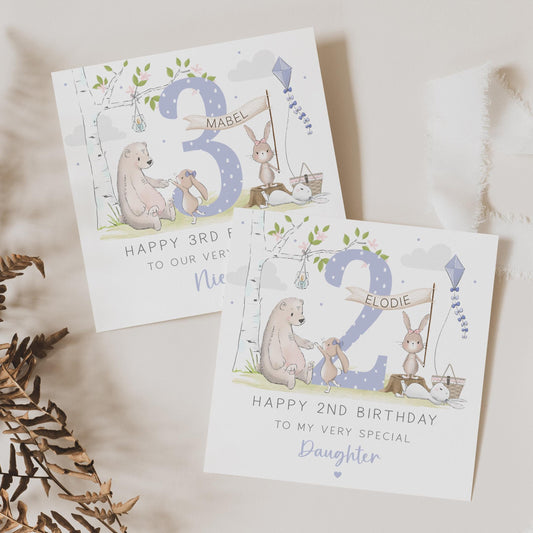 1st Birthday Card for Girls, Personalised 1st 2nd 3rd 4th Happy Birthday Card for Daughter, Granddaughter, Sister, Niece, Cute Bunny Card