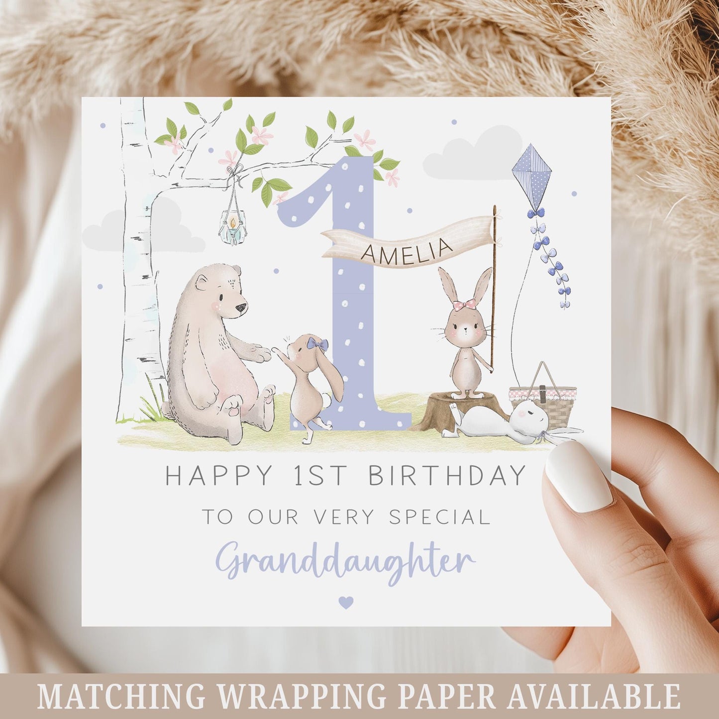 1st Birthday Card for Girls, Personalised 1st 2nd 3rd 4th Happy Birthday Card for Daughter, Granddaughter, Sister, Niece, Cute Bunny Card