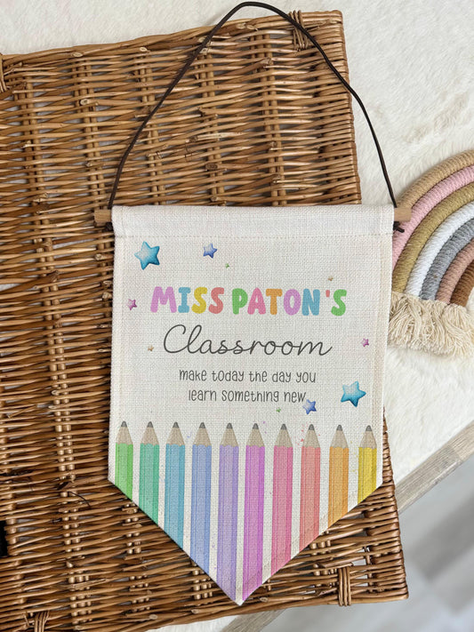 Teacher Thank You Gift, Personalised Classroom Sign, Teacher Door Sign, Hanging Linen Pennant, Thank You Gift for Nursery, Preschool Staff