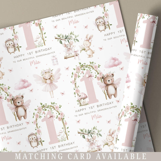 Girls Fairy Birthday Gift Wrapping Paper, Personalised 1st Birthday Woodland Fairy and Animals Gift Wrap for Daughter, Granddaughter, Niece