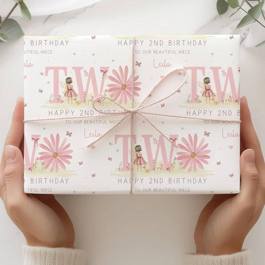 Pink Daisy Birthday Wrapping Paper, Personalised Fairy Gift Wrap for 2 Year Old Girl, for Daughter, Granddaughter, Niece 2nd Birthday Paper
