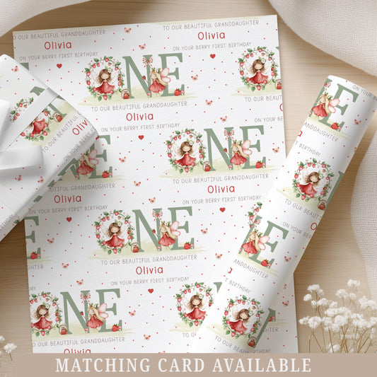 Berry First Birthday Wrapping Paper, Personalised 1st Strawberry Birthday Gift Wrap for Daughter, Granddaughter, Niece, Sweet One Birthday