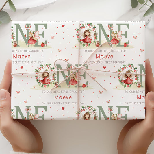 Berry First Birthday Wrapping Paper, Personalised 1st Strawberry Birthday Gift Wrap for Daughter, Granddaughter, Niece, Sweet One Birthday