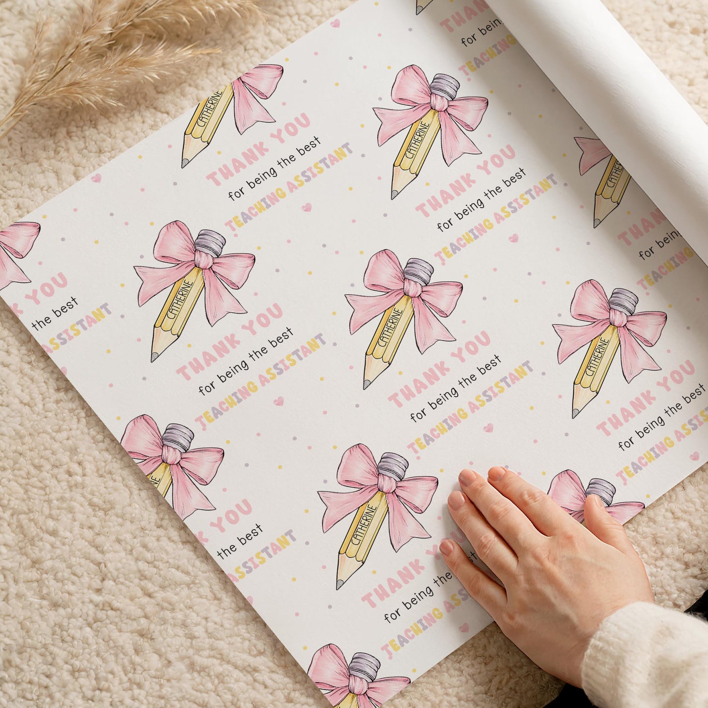 Teacher Thank You Wrapping Paper, Personalised Teacher Gift Wrap, End of Year Gift for Teaching Assistant, Keyworker, Pencil with Pink Bow