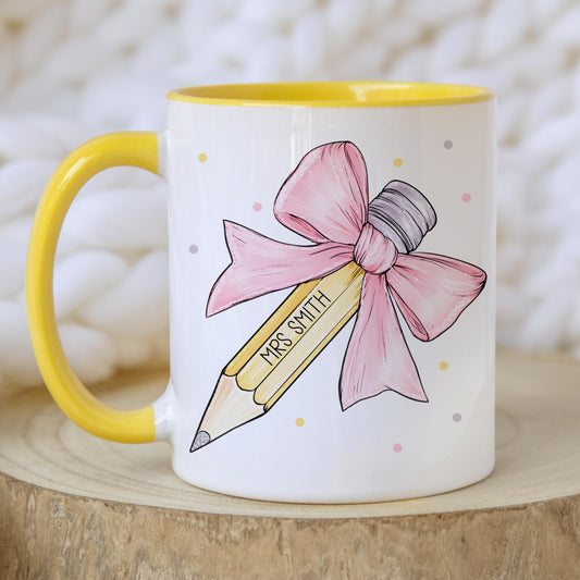 Personalised Teacher Mug, Gift for Teacher, Teaching Assistant, Classroom Assistant, Choice of Mug Colours, Gift for Her, Pencil Pink Bow
