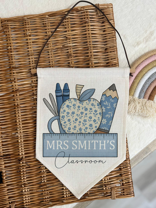 Personalised Gift for Teacher, for Nursery or Preschool Staff, Classroom Sign, Door Sign, Hanging Linen Pennant, End of Year Thank You Gift