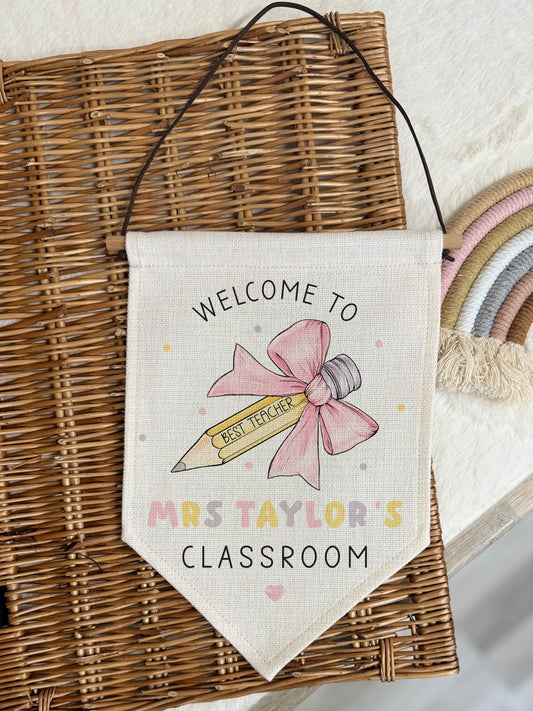 Personalised Teacher Gift, Classroom Sign, Nursery & Preschool Sign, Teacher Door Sign, Hanging Linen Pennant, End of Year Thank You Gift