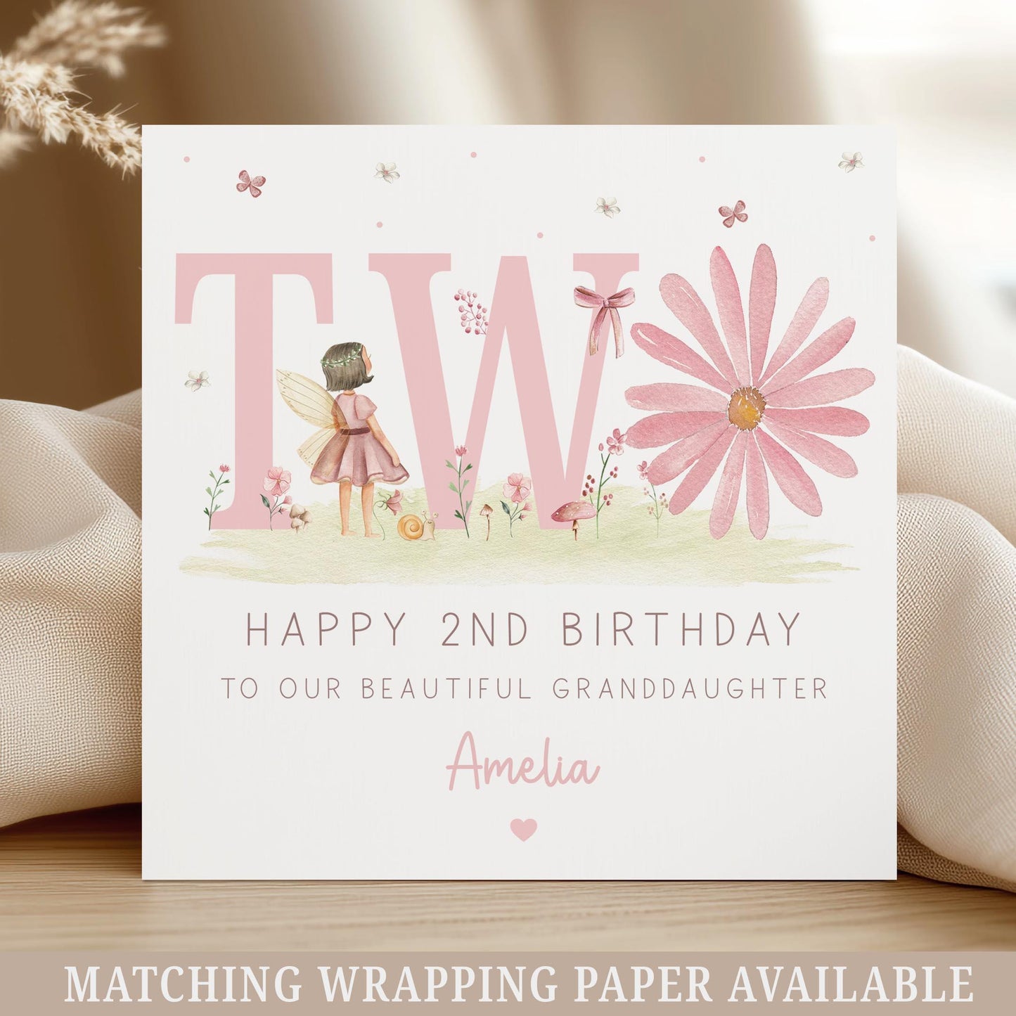 2nd Birthday Card for Girls, Personalised Pink Daisy and Fairy Birthday Card for 2 Year Old, Second Card for Daughter, Granddaughter, Niece