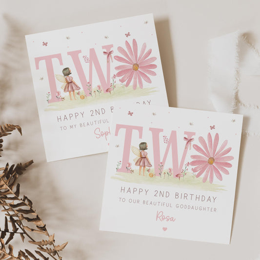 2nd Birthday Card for Girls, Personalised Pink Daisy and Fairy Birthday Card for 2 Year Old, Second Card for Daughter, Granddaughter, Niece