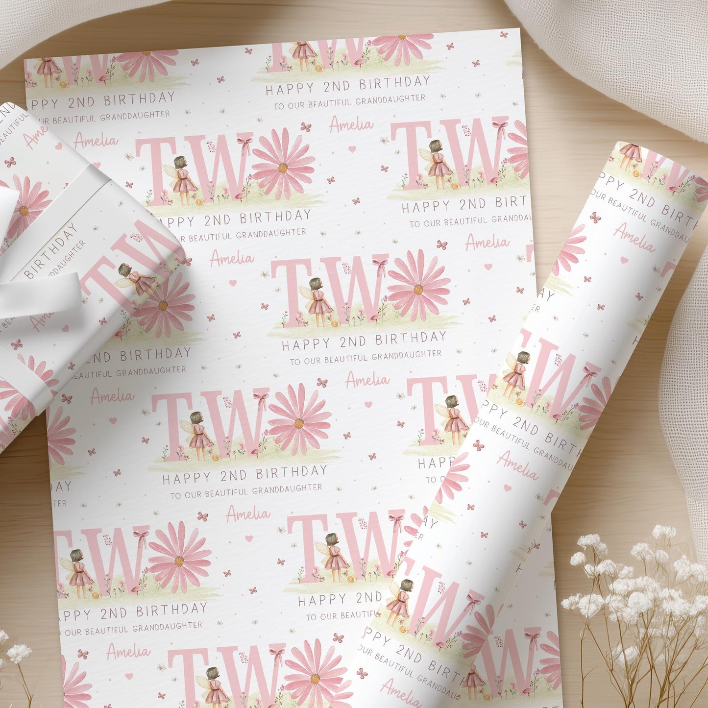 2nd Birthday Card for Girls, Personalised Pink Daisy and Fairy Birthday Card for 2 Year Old, Second Card for Daughter, Granddaughter, Niece
